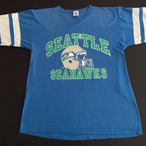 VTG 80s Logo 7 Seattle Seahawks blue jersey graphic shirt sz L